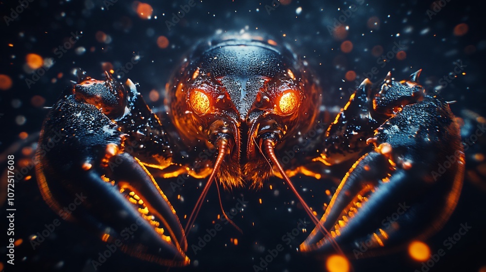 Poster a close-up of a crayfish with glowing red eyes in a dark and mysterious setting.