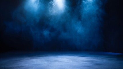 Blue misty background with foggy light beams, mysterious stage scene with blue smoke, atmospheric eerie vibe, moody lighting effect