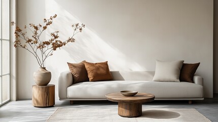Minimalist Modern Living Room with Neutral Tones and Wooden Accent, modern home decorate,  Scandinavian interior style