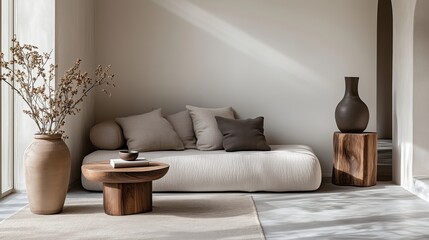 Image of a modern living room with a sofa, side table and vase