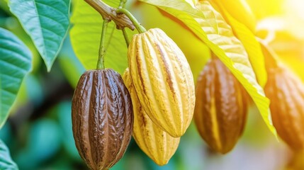 Cocoa pods on tree with green leaves, close up shot of cocoa fruit in bright sunlight, beautiful tropical plant, agriculture