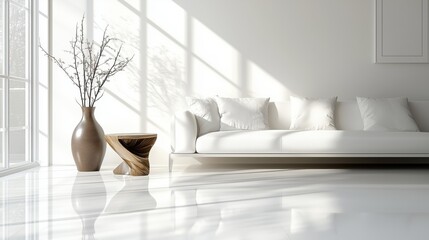 Image of a modern living room with a sofa, side table and vase
