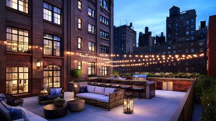 Obraz premium A furnished rooftop patio with a city skyline view at dusk.