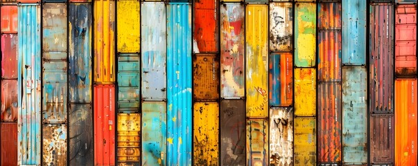 Fototapeta premium A vibrant arrangement of colorful, weathered shipping containers creating a textured backdrop.