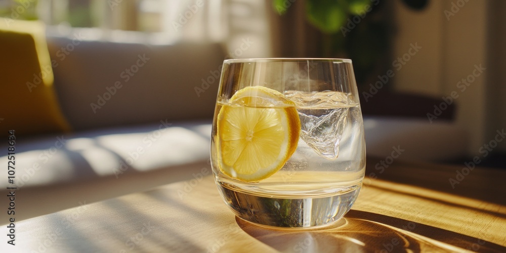 Poster a refreshing glass of lemonade sits elegantly on a wooden table. bright sunlight streams in from the