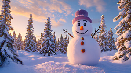 Obraz premium Smiling snowman in snowy forest at sunset