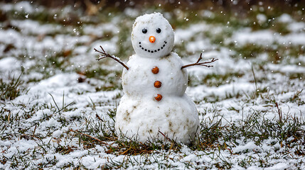 Smiling snowman in snowy grass with falling snow