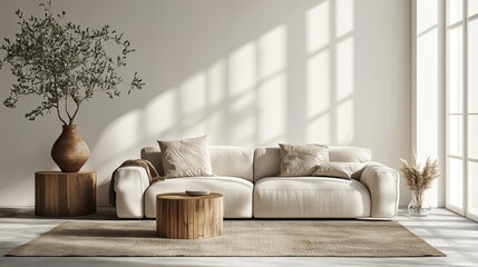 Image of a modern living room with a sofa, side table and vase