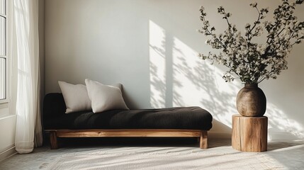 Image of a modern living room with a sofa, side table and vase