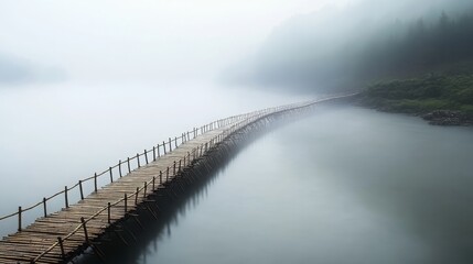 Fototapeta premium Serene Misty Landscape with Wooden Bridge over Water, Tranquil Foggy Scene in Nature, Peaceful Outdoor Atmosphere in Forest