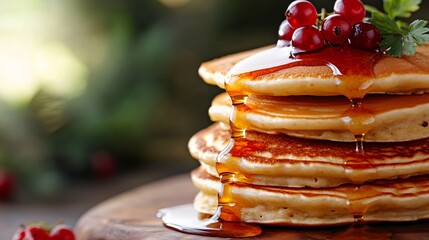 Fluffy red currant pancakes stacked high, on a wooden board background with currant sprigs and a drizzle of syrup