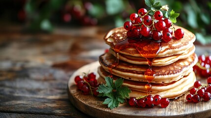 Fluffy red currant pancakes stacked high, on a wooden board background with currant sprigs and a drizzle of syrup