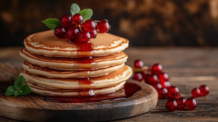 Fluffy red currant pancakes stacked high, on a wooden board background with currant sprigs and a drizzle of syrup