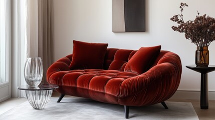 Image of a modern living room with a sofa, side table and vase