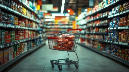 Shopping cart in grocery store aisle with packed shelves