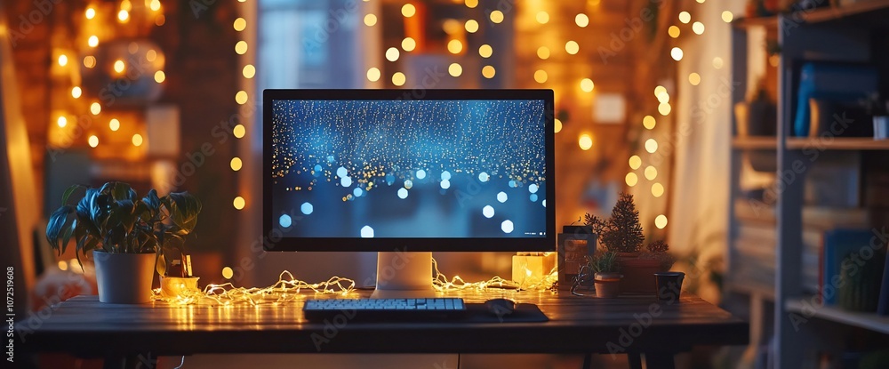 Aufkleber A computer monitor sits on a desk with string lights and a potted plant. The monitor displays a blue screen with yellow lights.