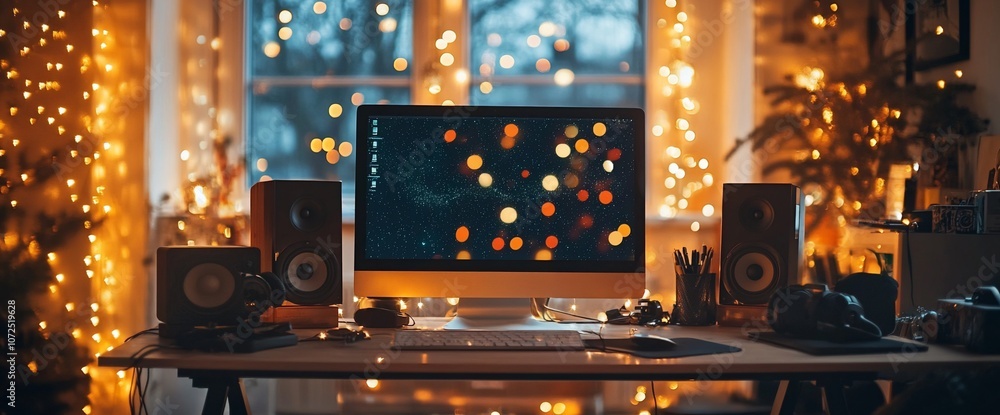 Poster A computer monitor on a desk with a blurred background of a window with Christmas lights and a Christmas tree.