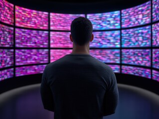 Person observing colorful digital screens in a dark room at night