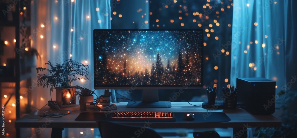 Poster a computer monitor with a starry night forest wallpaper on the screen. it sits on a desk with a keyb