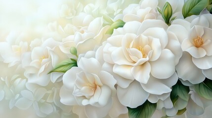 Fototapeta premium A serene arrangement of white flowers with lush green leaves, exuding elegance and beauty, perfect for enhancing any floral design.