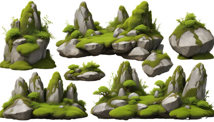 Set of moss-covered rocks in natural settings, cut out