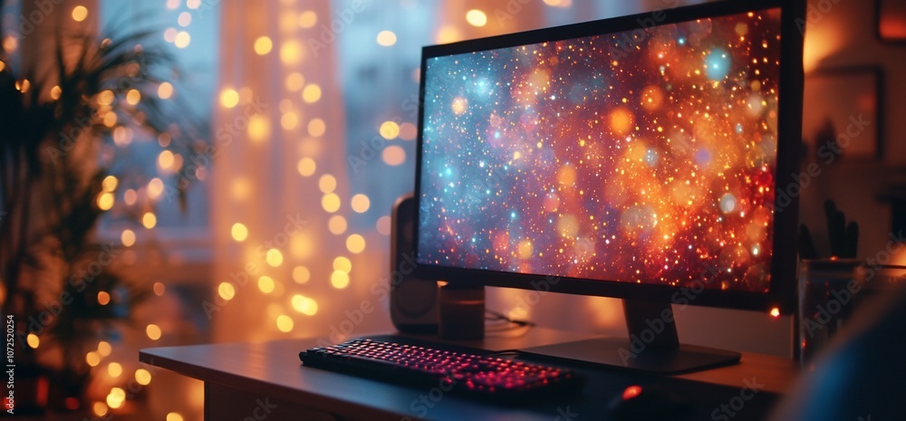 Poster A computer with a screen displaying a colorful abstract background with a blurred festive light bokeh, a keyboard, and a mouse on a desk in front of a window with glowing lights.