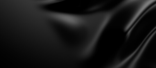 3d soft black waves background. Dark silk crumples. Elegant minimalistic satin ripples backdrop. 3d render illustration