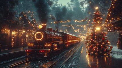 Festive train at night, Christmas lights and snowfall, vintage locomotive in holiday scene, decorated tree, snowy atmosphere