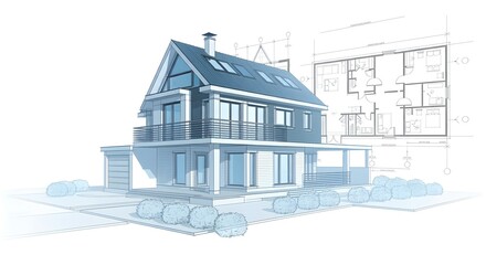 Modern House Blueprint Design, Detailed Architectural Floor Plan, Classic Blueprint Home Illustration, Technical Drawing of Residential Building, Comprehensive House Layout Sketch.