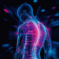 A futuristic scientific visual representation of the human spinal cord and back pain. 