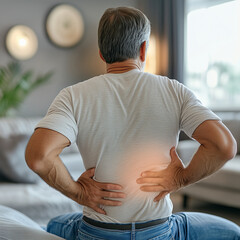 A caucasian older man has back pain or a hernia and tries to reach the source of the pain. 