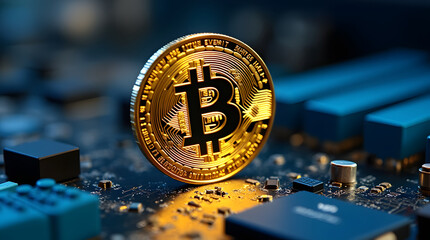 Gold Bitcoin on a circuit board with glowing components.
