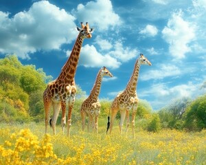 Fototapeta premium A serene landscape featuring three giraffes amidst vibrant yellow flowers and a clear blue sky with fluffy clouds.