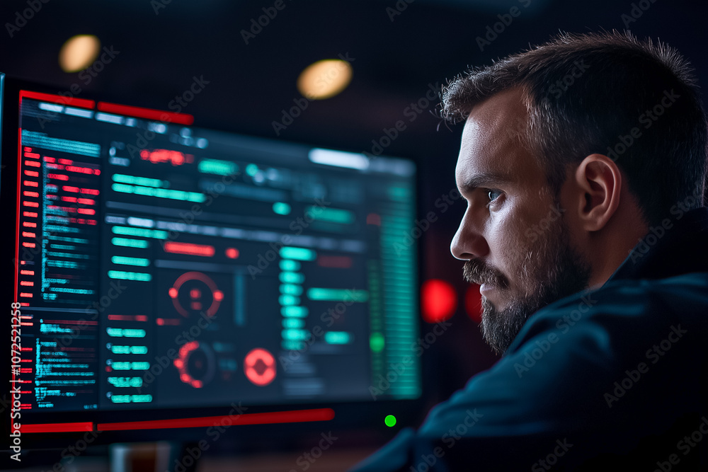 Poster a dedicated cybersecurity expert analyzes complex data on multiple monitors, ensuring network securi