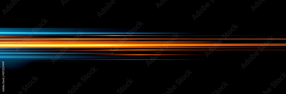 Wall mural horizontal gradient of blue and orange light streaks on a black background, creating an abstract des