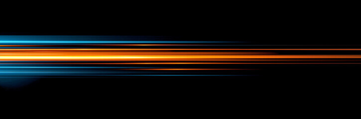 Horizontal gradient of blue and orange light streaks on a black background, creating an abstract design that conveys a sense of speed or motion.