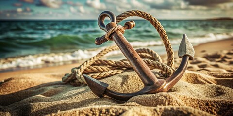 Fototapeta premium The ship's iron anchor lies in the sand by the sea.