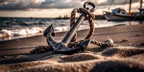 A ship's anchor in the sand on the shore of the ocean or sea.