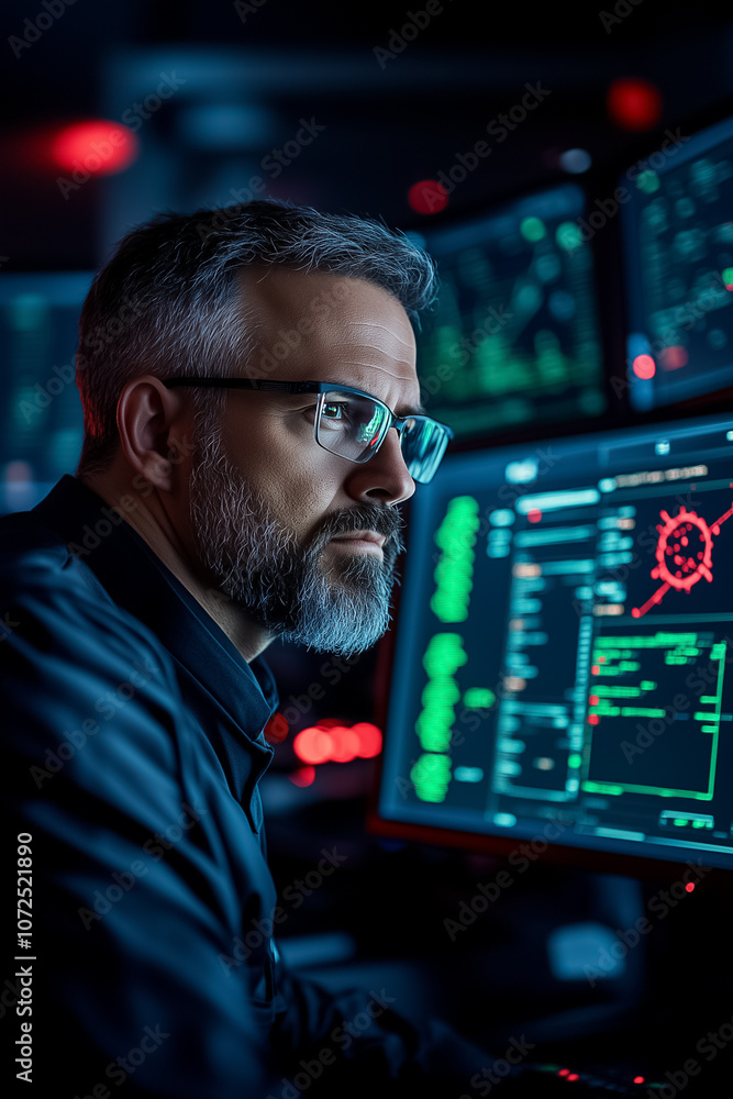 Poster a cybersecurity analyst addresses potential data breaches while overseeing multiple screens in a dar