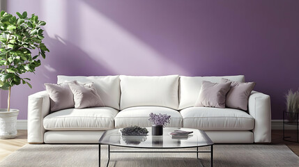 Minimalist Modern Living Room with Lavender Walls, White Sofa, and Sleek Glass Coffee Table, Featuring a Fresh and Airy Design with Calming Pastel Colors