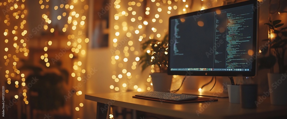 Aufkleber A desktop computer with a lit screen displays code in a dimly lit room with fairy lights.