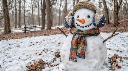 Snowman wearing hat, earmuffs, and scarf in a snowy forest
