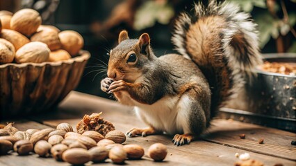 The world of wild nature. A small squirrel eats nuts