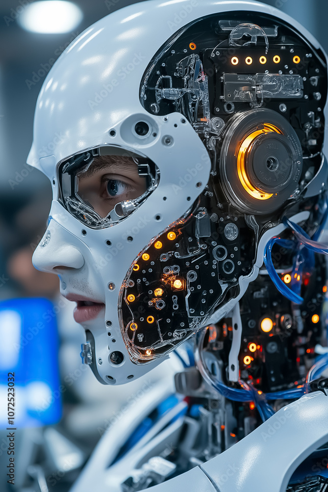 Poster the humanoid robot showcases advanced tech with visible circuits and glowing parts in a modern lab