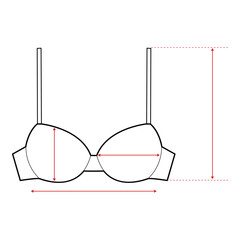 Bra Technical Drawing with Measurement Points and Size Chart

