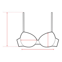 Bra Technical Drawing with Measurement Points and Size Chart

