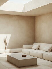 Minimalist neutral living room, beige walls and furniture, modern interior design, skylight lighting, cozy atmosphere, serene space