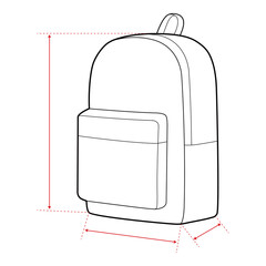 Backpack Technical Drawing with Measurement Points and Size Chart

