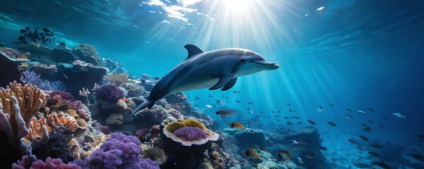 Obraz premium A playful dolphin swims gracefully among vibrant coral reefs in a sunlit underwater paradise during a clear day