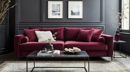 Minimalist Modern Living Room with Slate Grey Walls, Burgundy Velvet Sofa, and Streamlined Metal Coffee Table, Featuring Bold and Contemporary Design